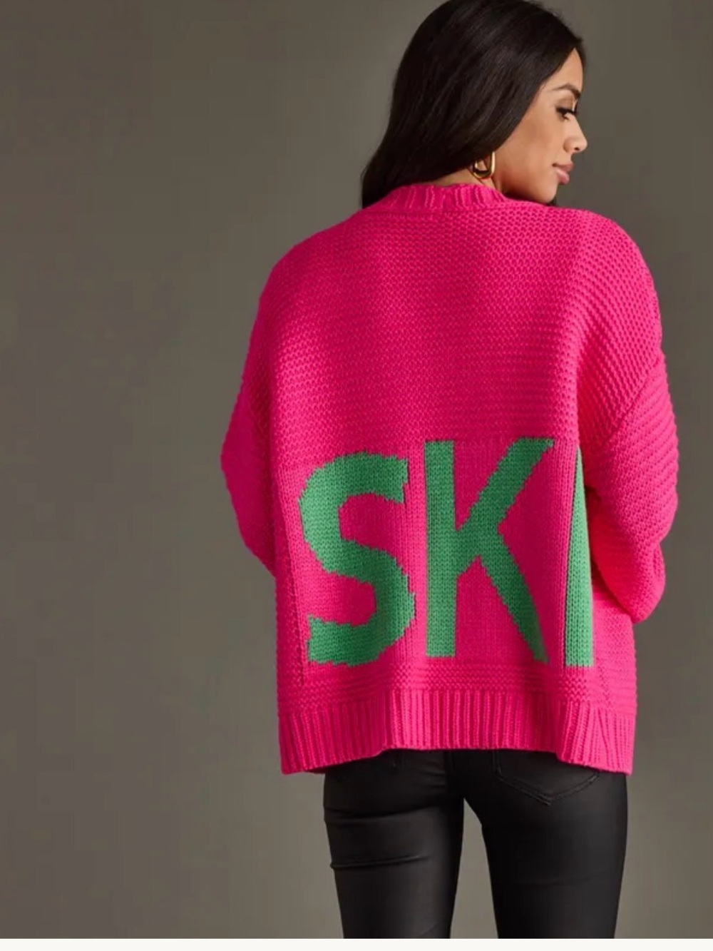 Panache Hot Pink Knit oversized Cardigan with SKI Green Lettering Size XL NWT